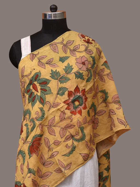 Yellow Kalamkari Hand Painted Sico Stole with Floral Design ds3432