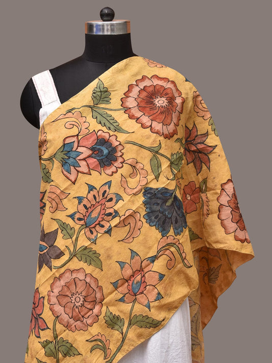 Yellow Kalamkari Hand Painted Sico Stole with Floral Design ds3438