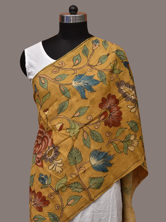 Yellow Kalamkari Hand Painted Sico Stole with Floral Design ds3553
