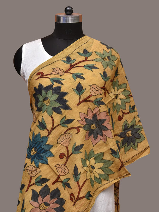 Yellow Kalamkari Hand Painted Sico Stole with Floral Design ds3565