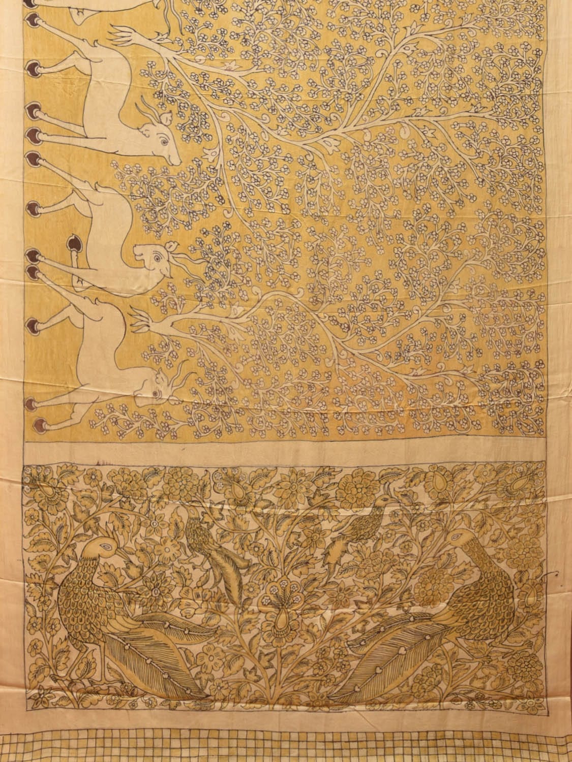 Yellow Kalamkari Hand Painted Silk Handloom Saree with Deer Border and Birds Pallu Design KL0749