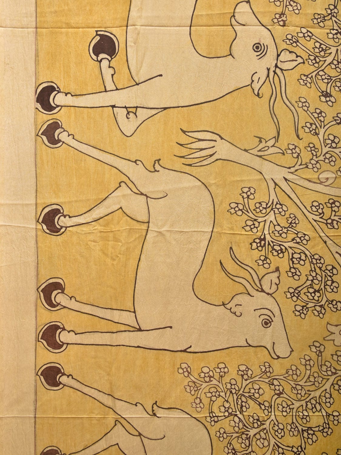 Yellow Kalamkari Hand Painted Silk Handloom Saree with Deer Border and Birds Pallu Design KL0749