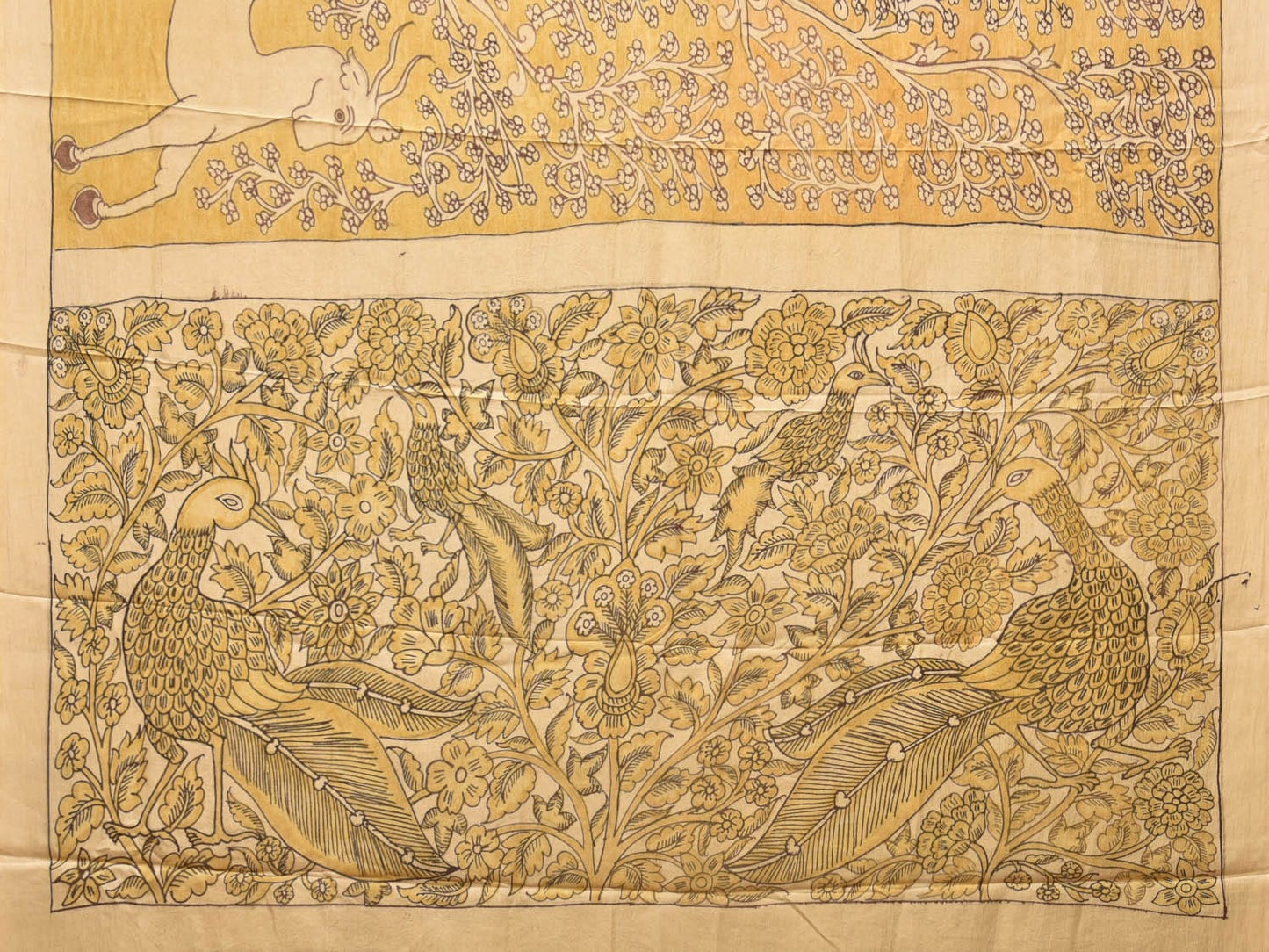 Yellow Kalamkari Hand Painted Silk Handloom Saree with Deer Border and Birds Pallu Design KL0749