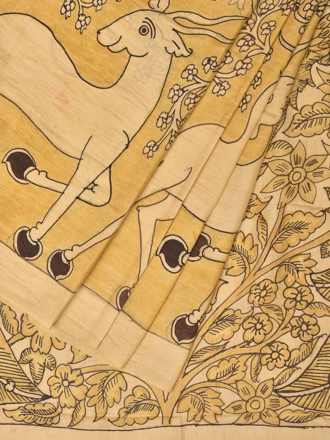 Yellow Kalamkari Hand Painted Silk Handloom Saree with Deer Border and Birds Pallu Design KL0749