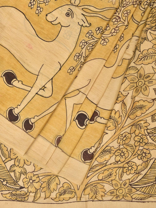 Yellow Kalamkari Hand Painted Silk Handloom Saree with Deer Border and Birds Pallu Design KL0749