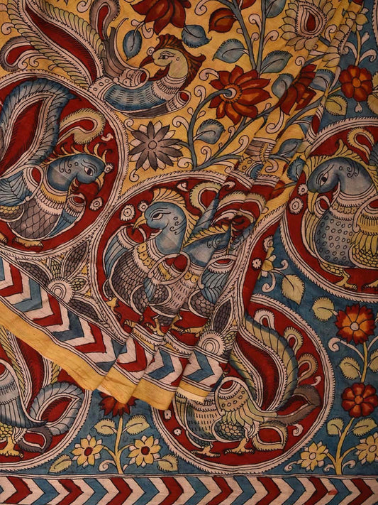 Yellow Kalamkari Hand Painted Silk Handloom Saree with Peacocks and Floral Design KL0714