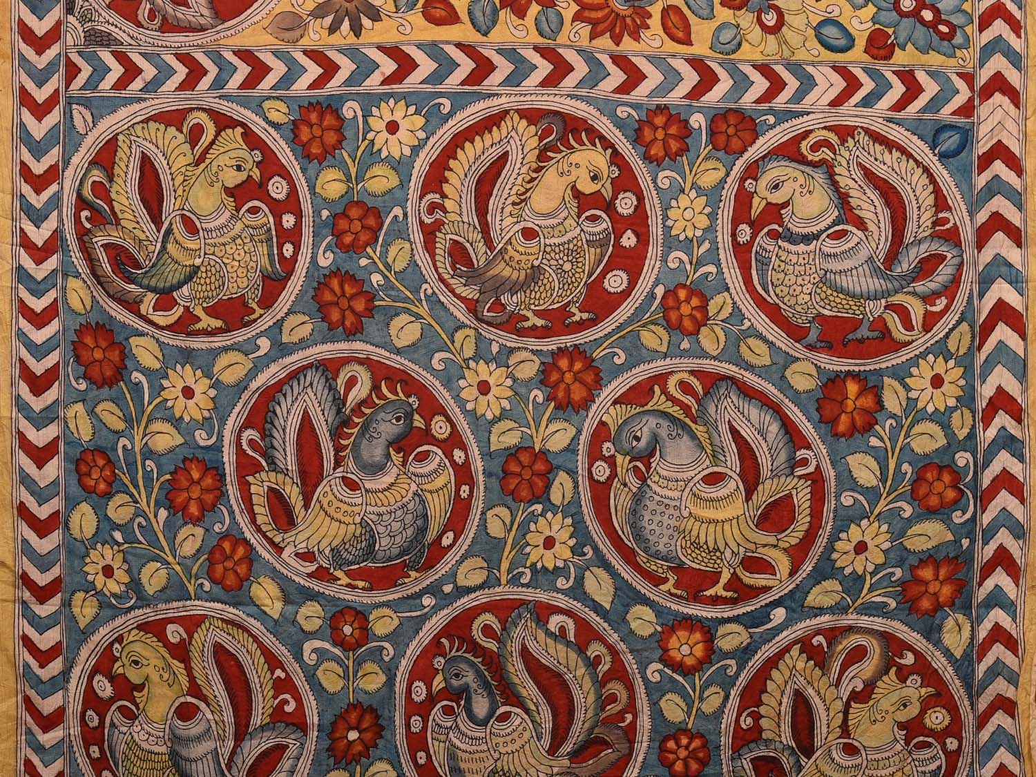 Yellow Kalamkari Hand Painted Silk Handloom Saree with Peacocks and Floral Design KL0714