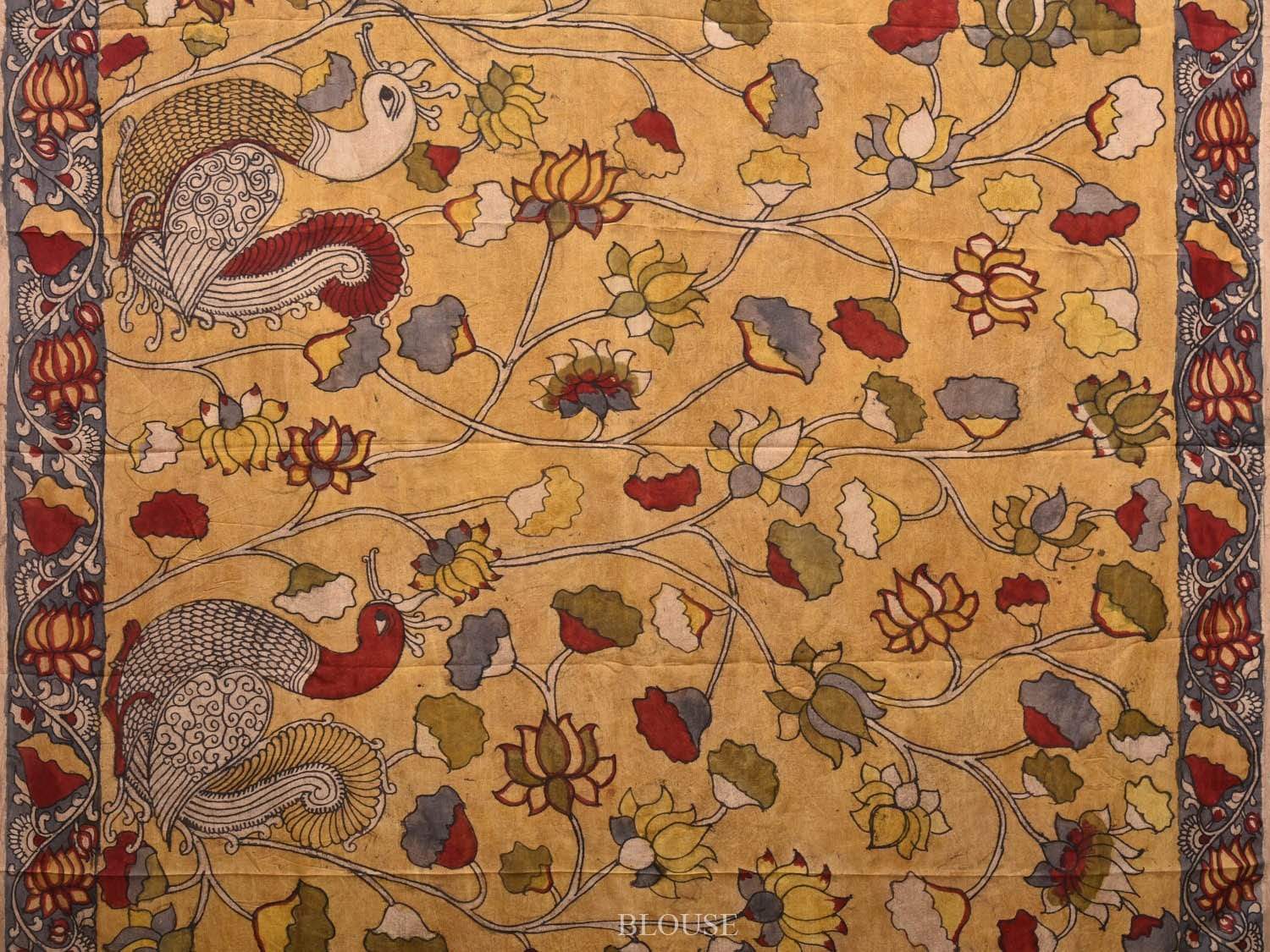 Yellow Kalamkari Hand Painted Silk Handloom Saree with Peacocks and Lotus Flowers Design KL0469