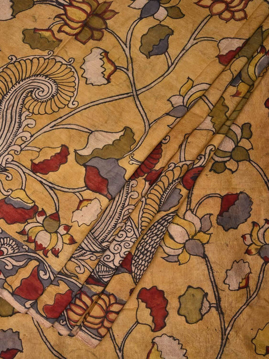 Yellow Kalamkari Hand Painted Silk Handloom Saree with Peacocks and Lotus Flowers Design KL0469