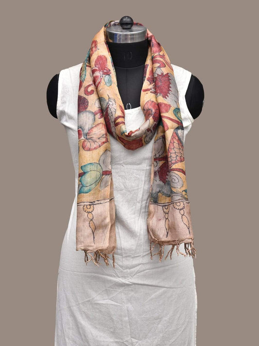 Yellow Kalamkari Hand Painted Tussar Handloom Dupatta with Fishes and Flowers Design ds2234