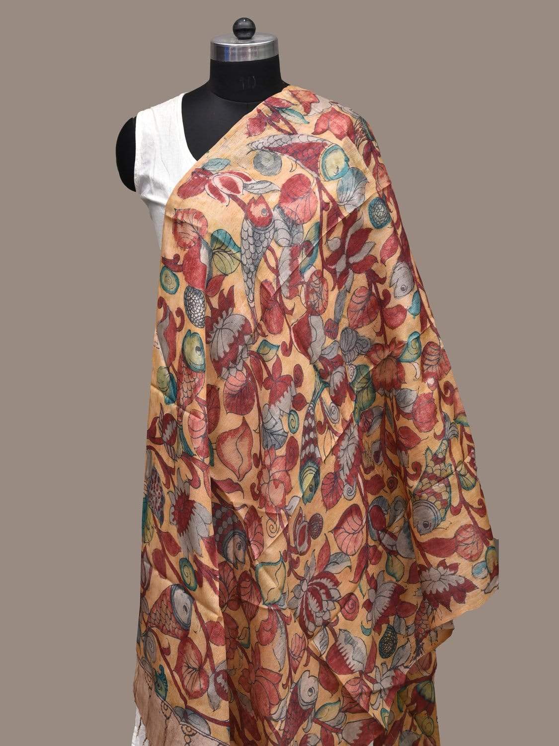 Yellow Kalamkari Hand Painted Tussar Handloom Dupatta with Fishes and Flowers Design ds2234