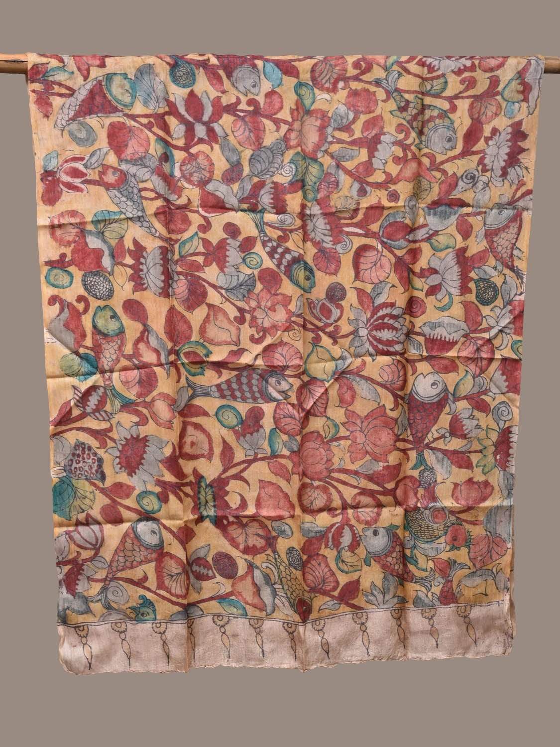 Yellow Kalamkari Hand Painted Tussar Handloom Dupatta with Fishes and Flowers Design ds2234