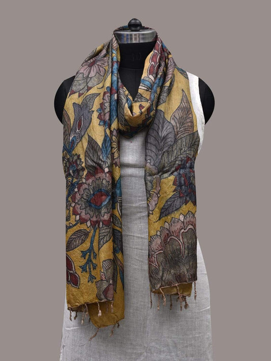 Yellow Kalamkari Hand Painted Tussar Handloom Dupatta with Floral Design ds2433