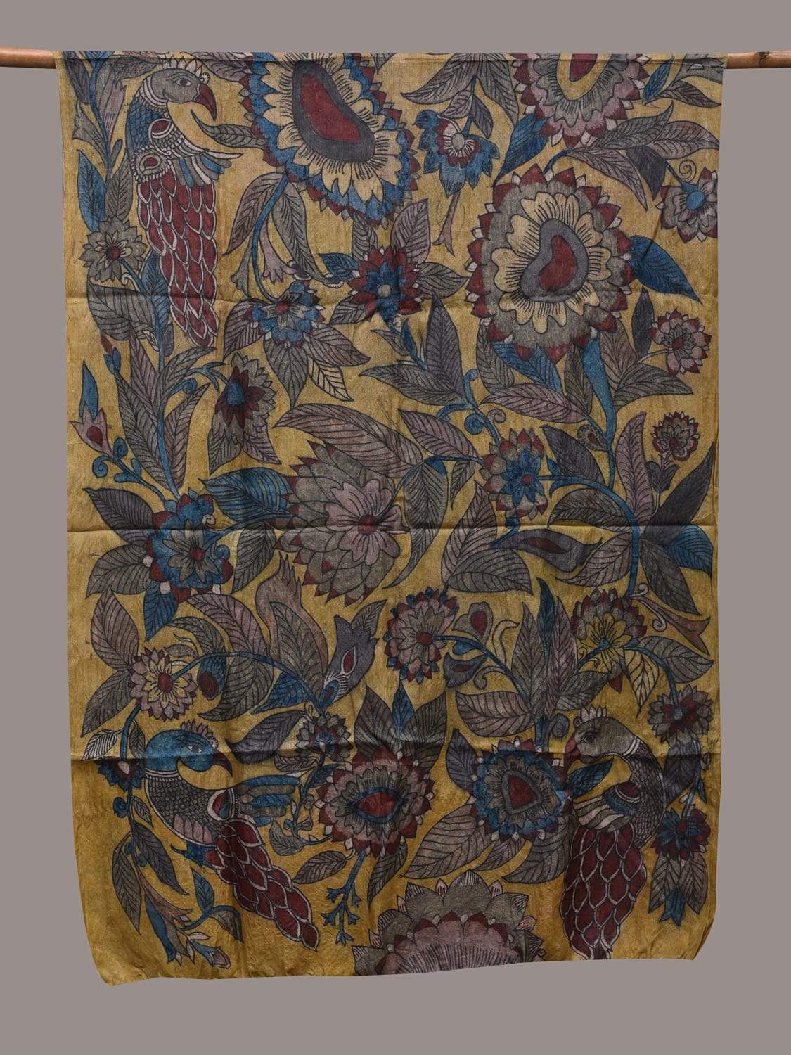 Yellow Kalamkari Hand Painted Tussar Handloom Dupatta with Floral Design ds2433