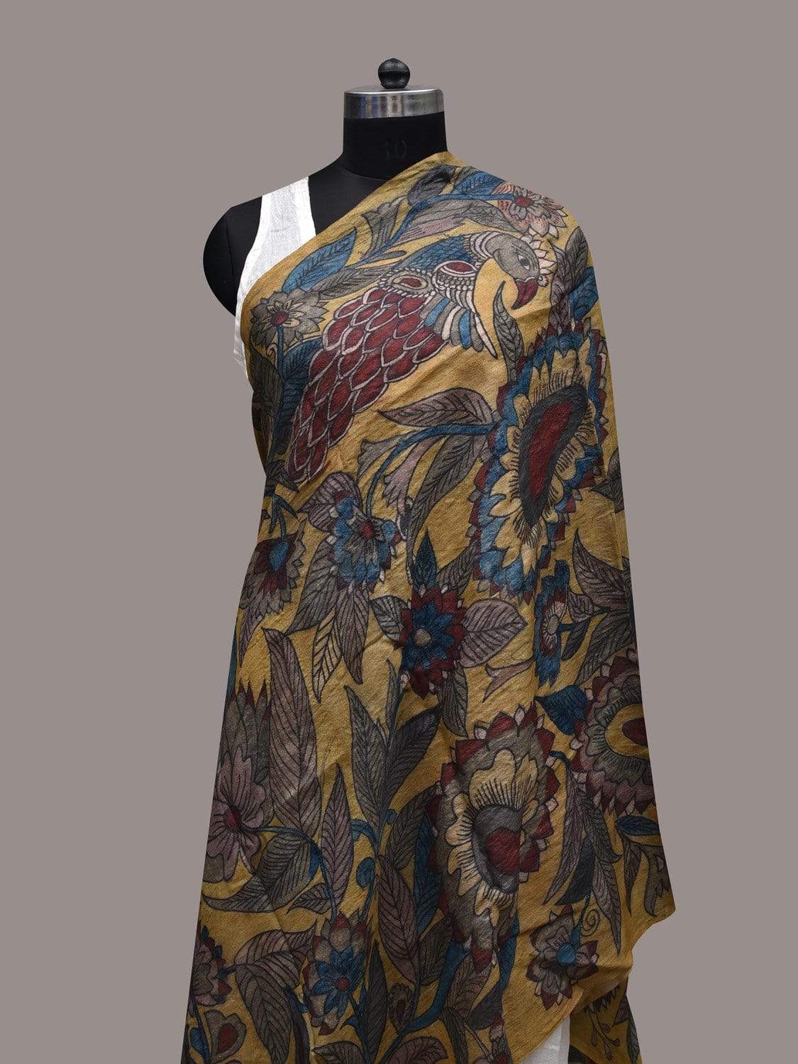 Yellow Kalamkari Hand Painted Tussar Handloom Dupatta with Floral Design ds2433
