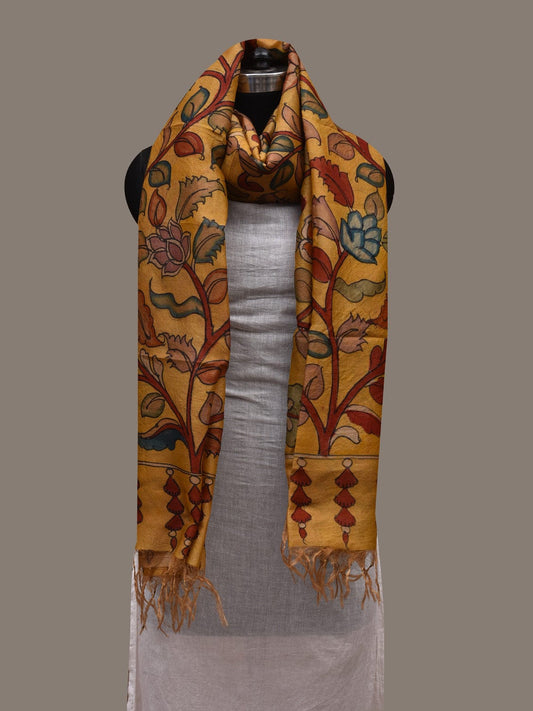 Yellow Kalamkari Hand Painted Tussar Handloom Dupatta with Floral Design ds2697