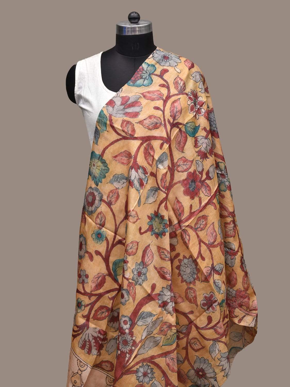 Yellow Kalamkari Hand Painted Tussar Handloom Dupatta with Flowers Design ds2238