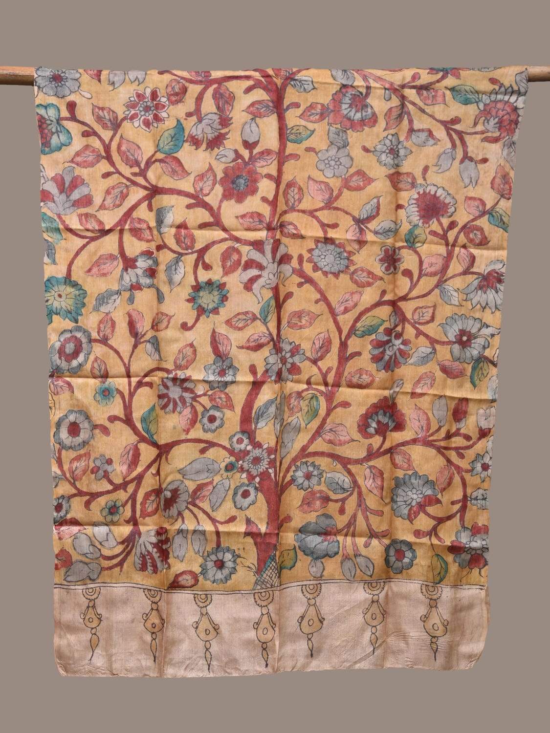 Yellow Kalamkari Hand Painted Tussar Handloom Dupatta with Flowers Design ds2238
