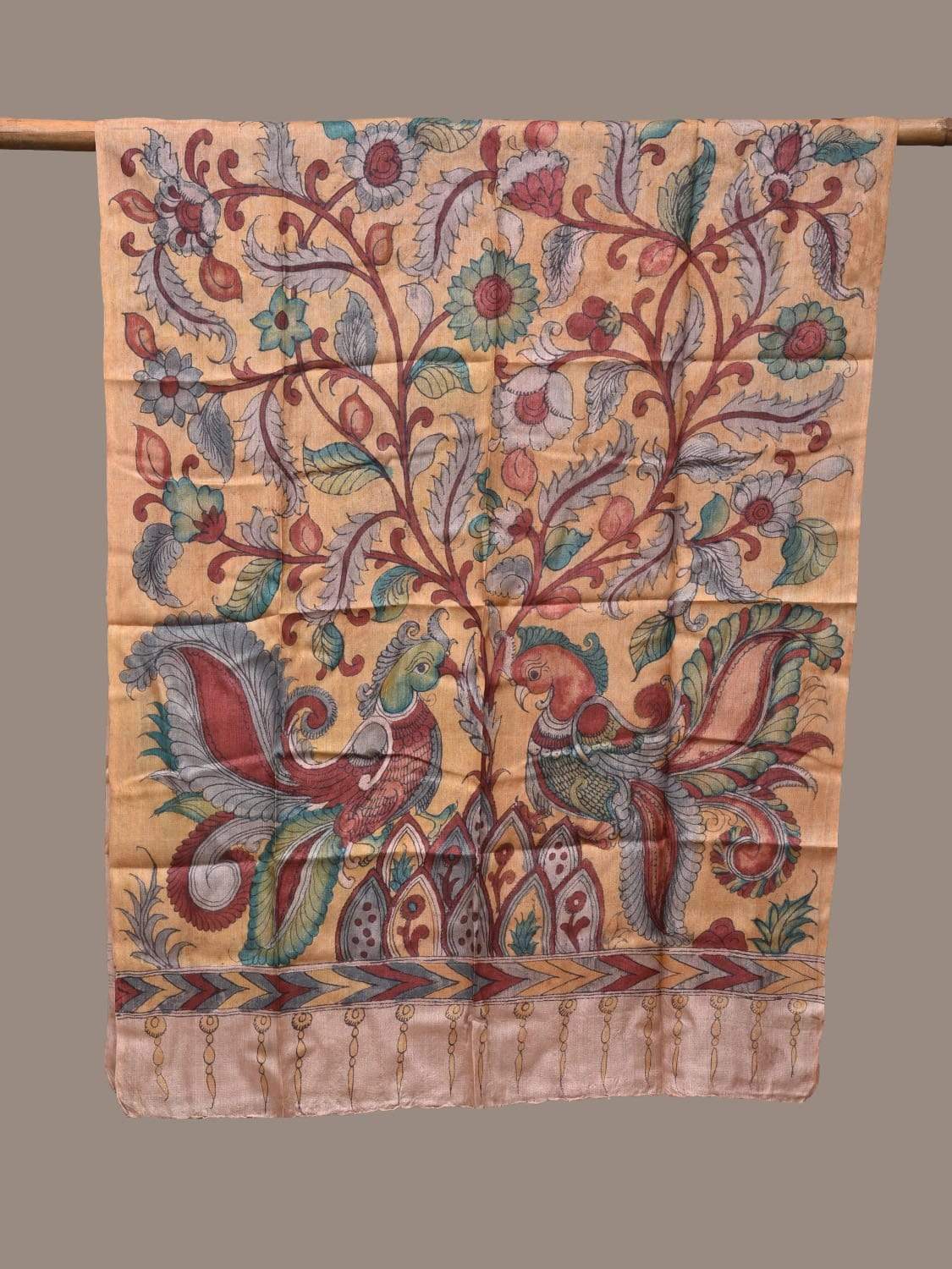 Yellow Kalamkari Hand Painted Tussar Handloom Dupatta with Peacocks and Flowers Design ds2236