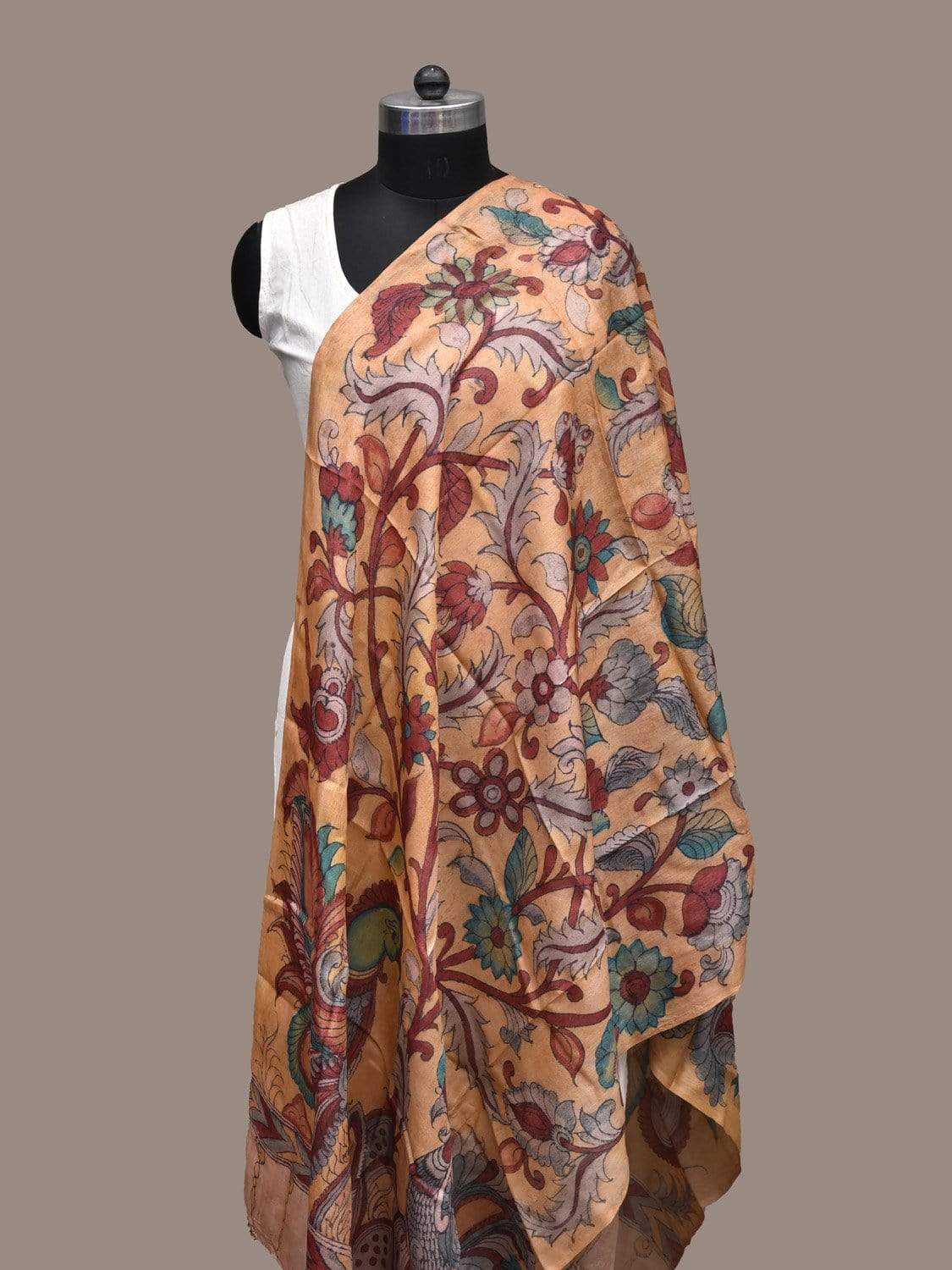 Yellow Kalamkari Hand Painted Tussar Handloom Dupatta with Peacocks and Flowers Design ds2236