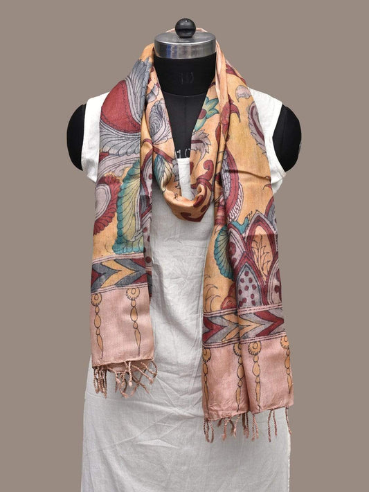 Yellow Kalamkari Hand Painted Tussar Handloom Dupatta with Peacocks and Flowers Design ds2236