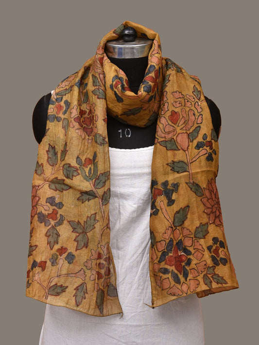 Yellow Kalamkari Hand Painted Tussar Handloom Stole with Floral Design ds3142