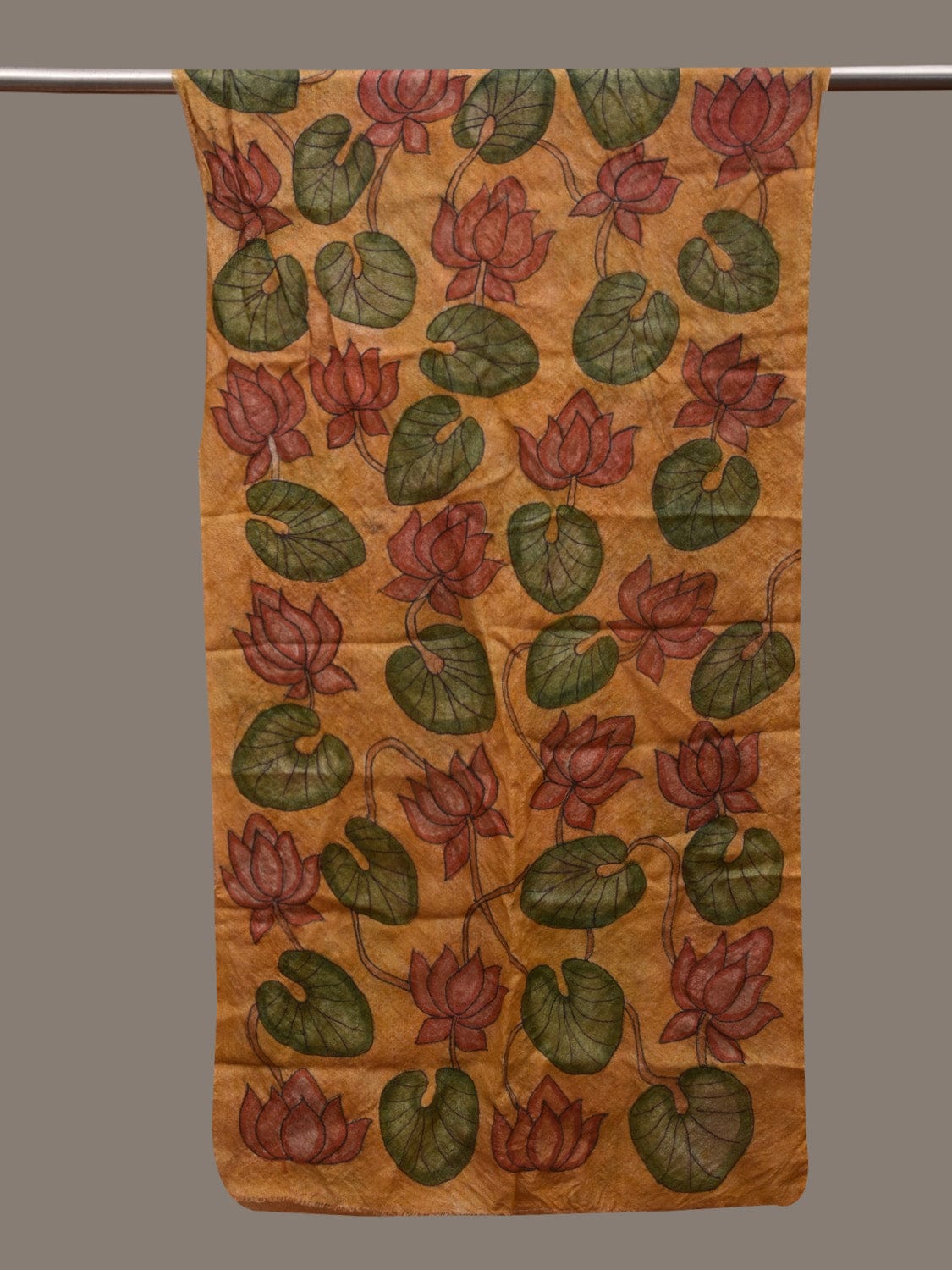 Yellow Kalamkari Hand Painted Tussar Handloom Stole with Lotus and Leaves Design ds2938