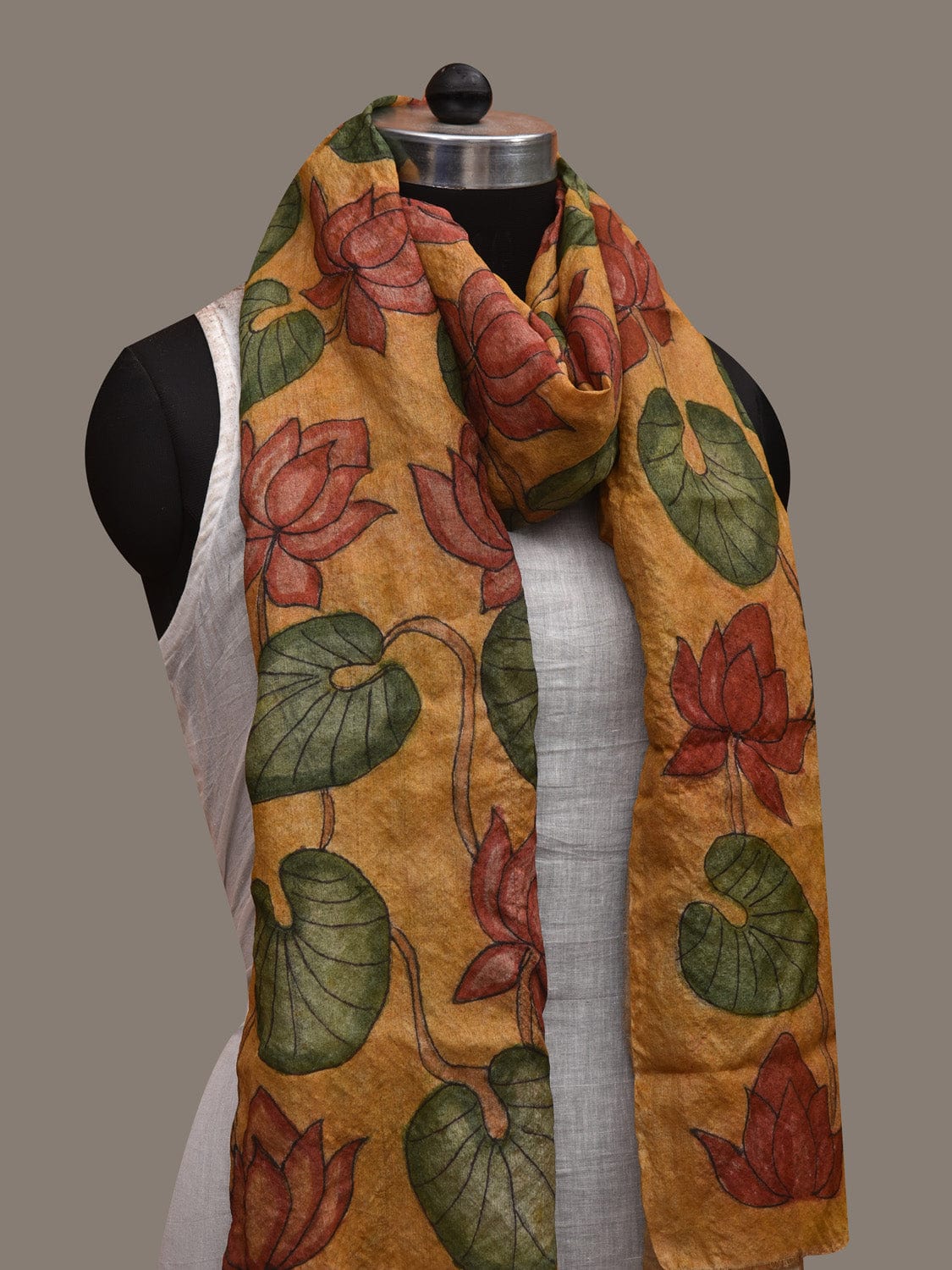 Yellow Kalamkari Hand Painted Tussar Handloom Stole with Lotus and Leaves Design ds2938