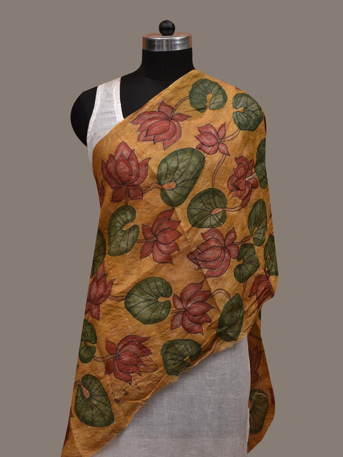 Yellow Kalamkari Hand Painted Tussar Handloom Stole with Lotus and Leaves Design ds2938