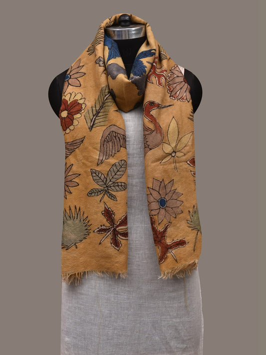 Yellow Kalamkari Hand Painted Woolen Handloom Stole with Floral and Birds Design ds2874