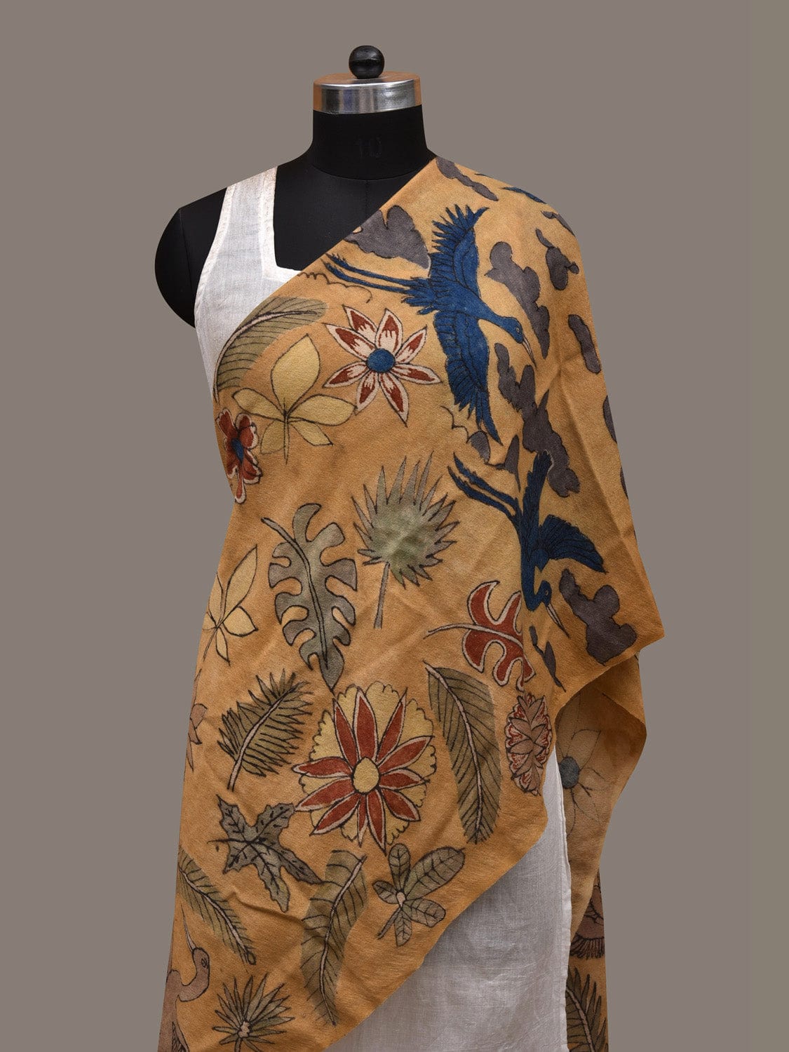 Yellow Kalamkari Hand Painted Woolen Handloom Stole with Floral and Birds Design ds2874