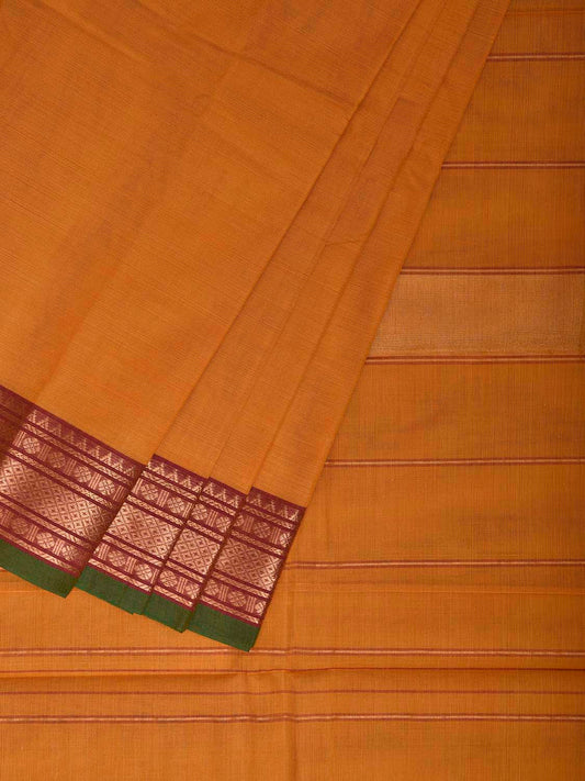Yellow Kanchipuram Cotton Plain Saree with Strips and Border Design k0856