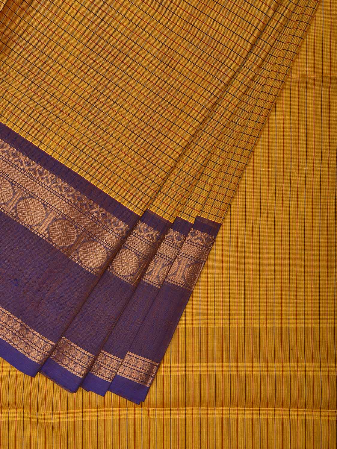Yellow Kanchipuram Cotton Saree with Checks and Ganga-Jamuna Border Design k0797