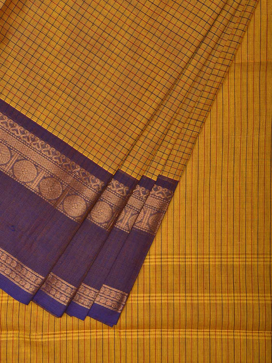 Yellow Kanchipuram Cotton Saree with Checks and Ganga-Jamuna Border Design k0797