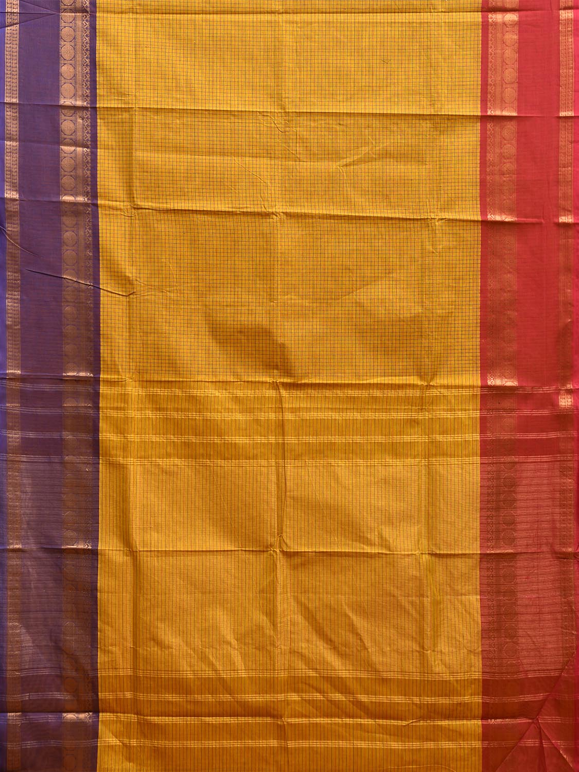 Yellow Kanchipuram Cotton Saree with Checks and Ganga-Jamuna Border Design k0797