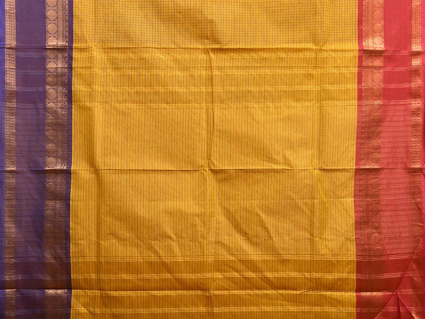 Yellow Kanchipuram Cotton Saree with Checks and Ganga-Jamuna Border Design k0797