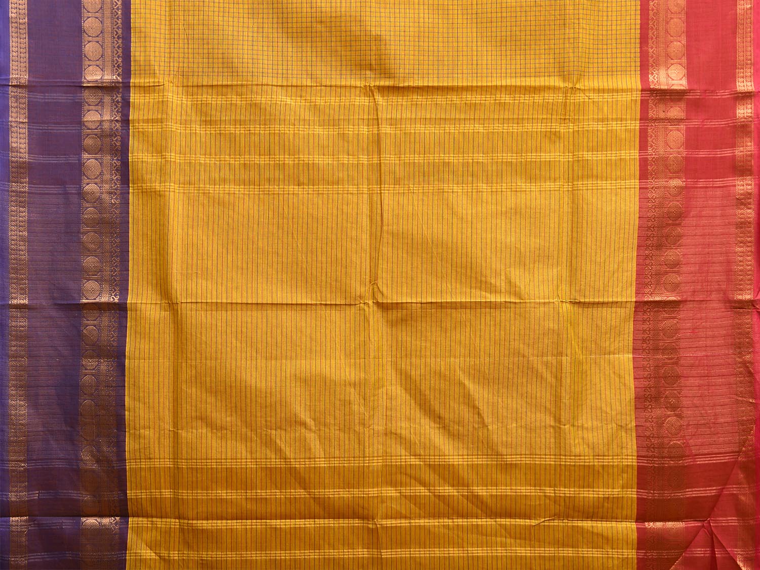 Yellow Kanchipuram Cotton Saree with Checks and Ganga-Jamuna Border Design k0797