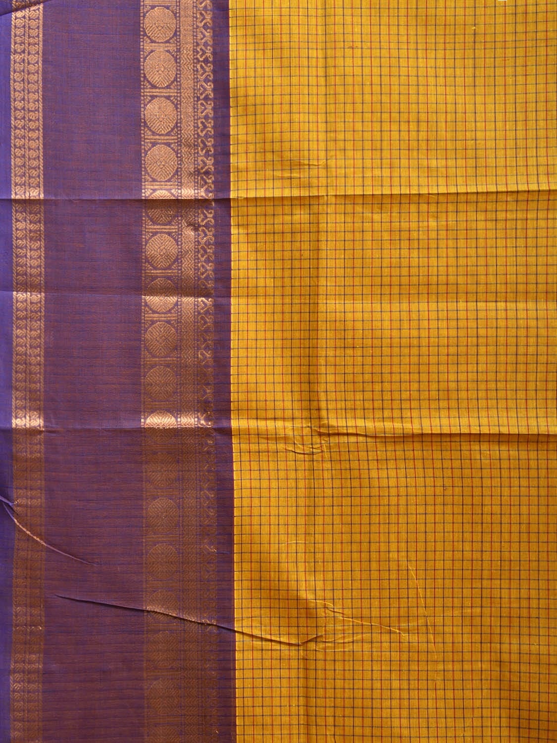 Yellow Kanchipuram Cotton Saree with Checks and Ganga-Jamuna Border Design k0797