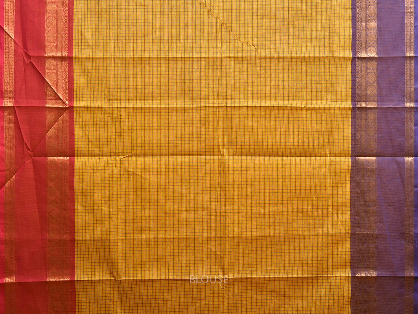 Yellow Kanchipuram Cotton Saree with Checks and Ganga-Jamuna Border Design k0797