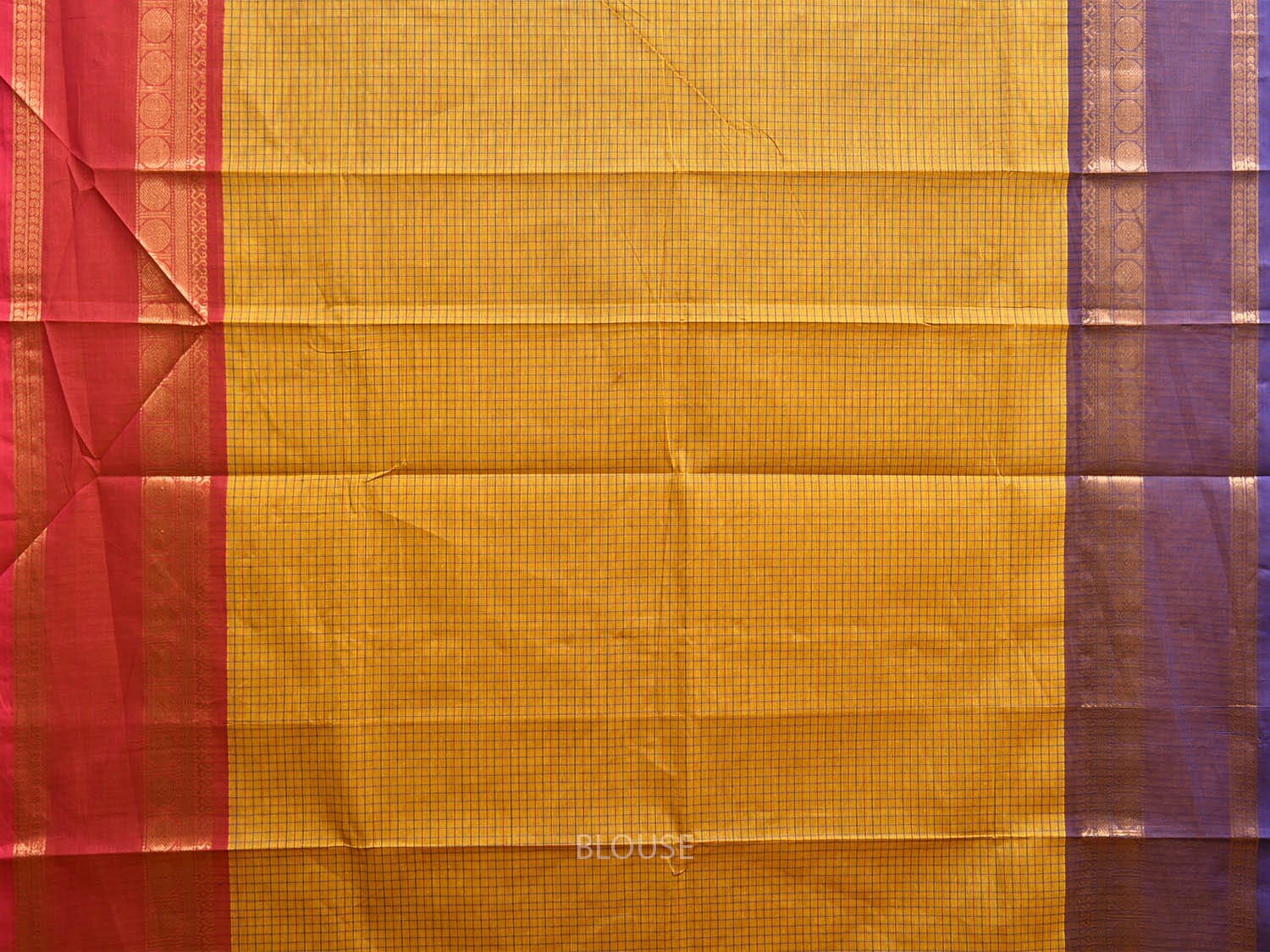 Yellow Kanchipuram Cotton Saree with Checks and Ganga-Jamuna Border Design k0797