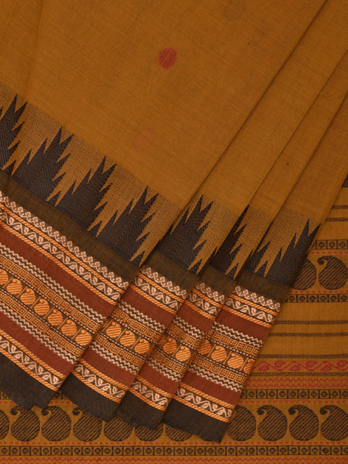 Yellow Kanchipuram Cotton Saree with Pasley Pallu and Temple Border Design k0731