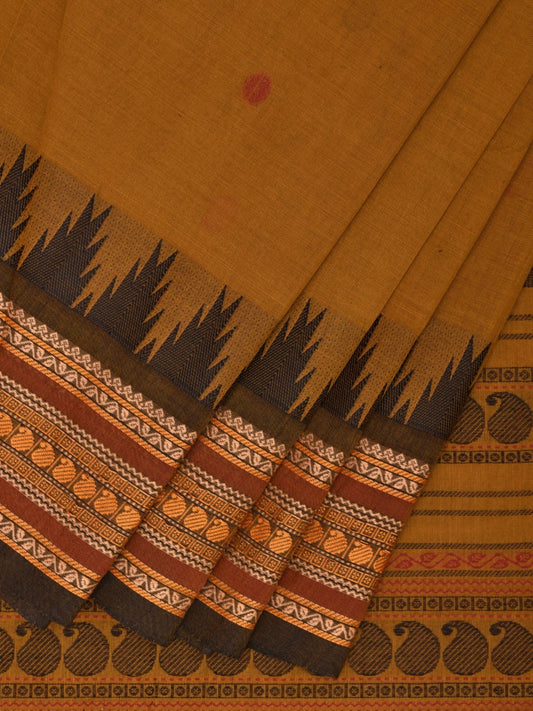 Yellow Kanchipuram Cotton Saree with Pasley Pallu and Temple Border Design k0731