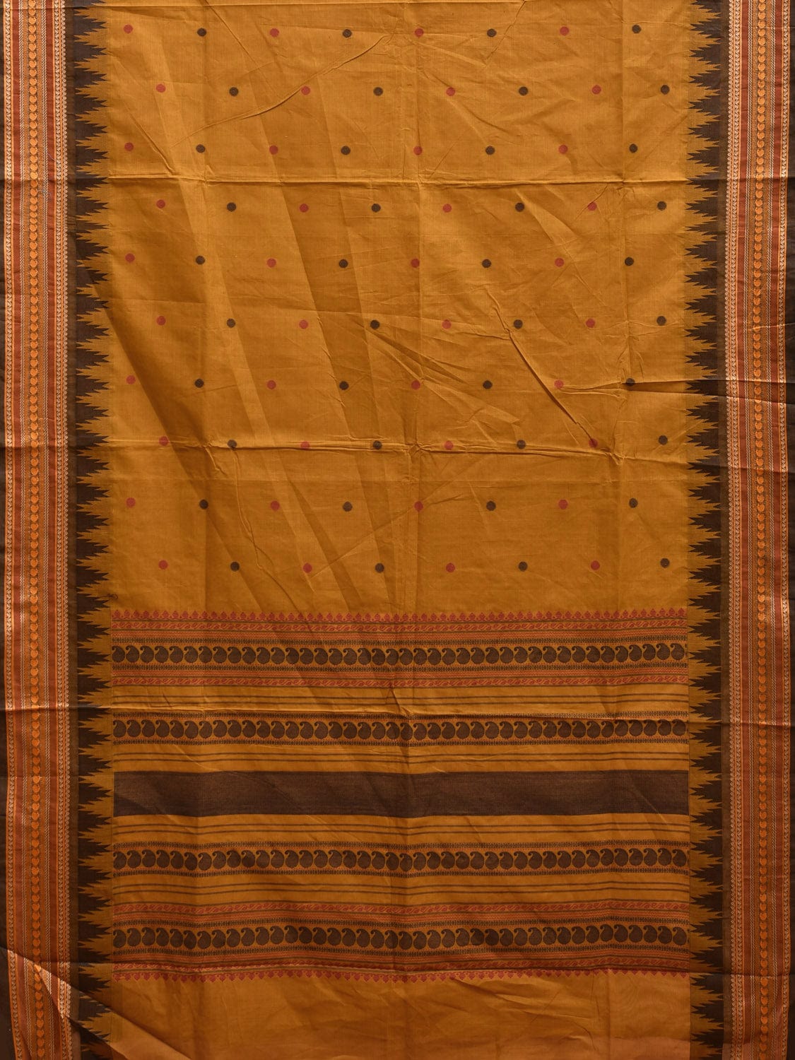 Yellow Kanchipuram Cotton Saree with Pasley Pallu and Temple Border Design k0731