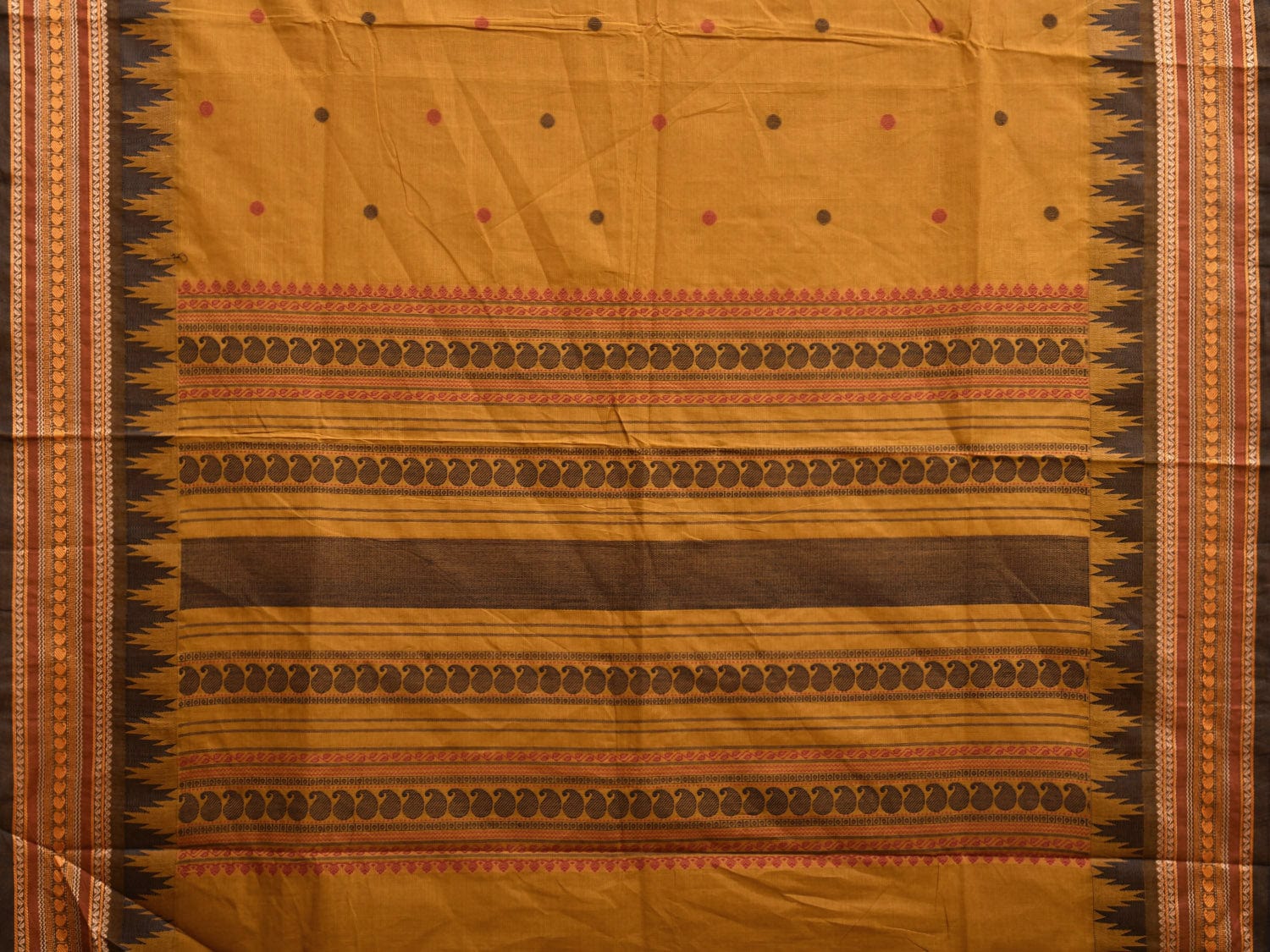 Yellow Kanchipuram Cotton Saree with Pasley Pallu and Temple Border Design k0731