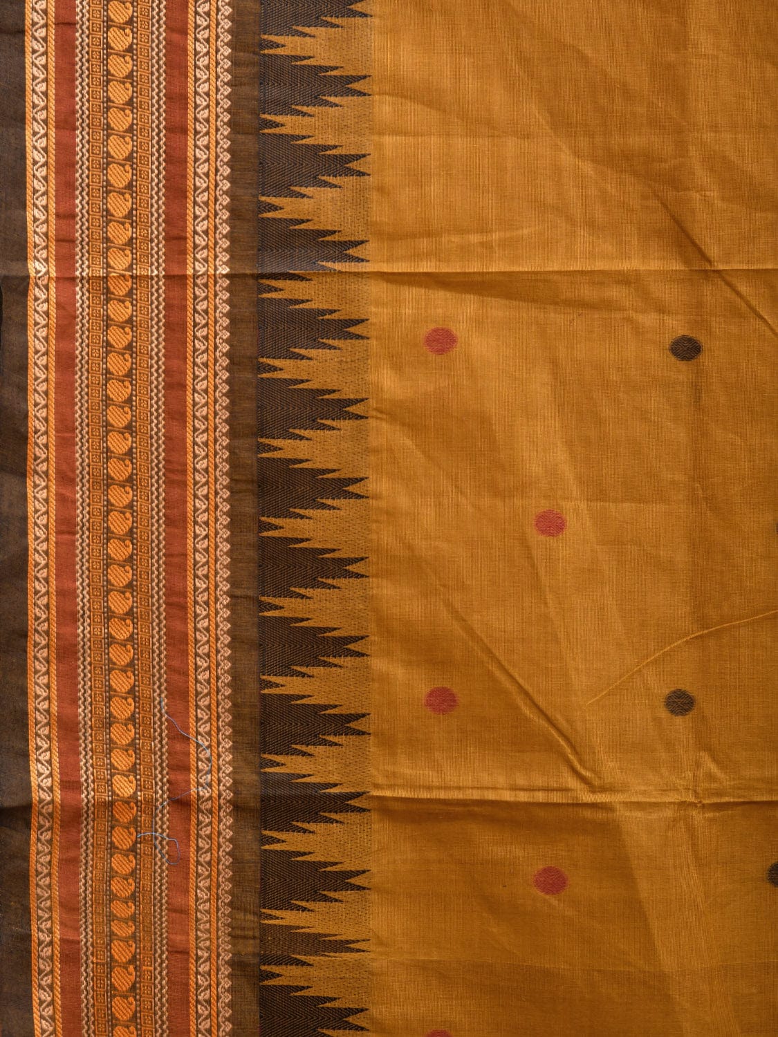 Yellow Kanchipuram Cotton Saree with Pasley Pallu and Temple Border Design k0731