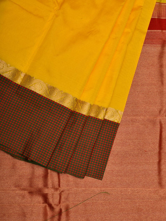 Yellow Kanchipuram Silk Handloom Saree with Small Checks Border Design k0513