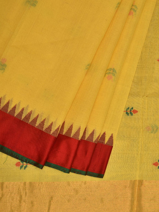 Yellow Khadi Cotton Handloom Plain Saree with Jamdani Buta and Temple Border Design kh0567