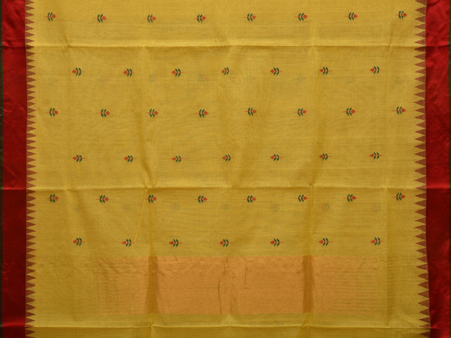 Yellow Khadi Cotton Handloom Plain Saree with Jamdani Buta and Temple Border Design kh0567