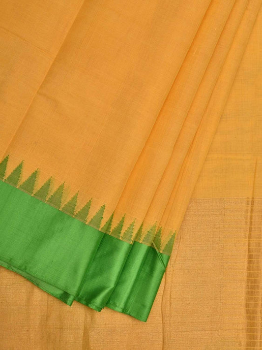 Yellow Khadi Cotton Handloom Plain Saree with Temple Border Design kh0526