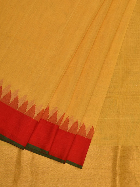 Yellow Khadi Cotton Handloom Plain Saree with Temple Border Design kh0573